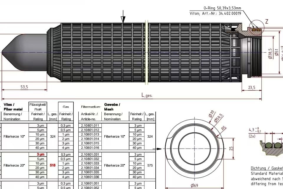 Design review of a pleated sintered metal filter cartridge on the drawing board